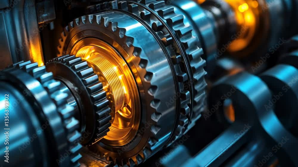 Intricate close-up of a complex metallic gear system, illuminated by warm, ambient internal light. Intricate close-up of a complex metallic gear system, illuminated by warm, ambient internal light.