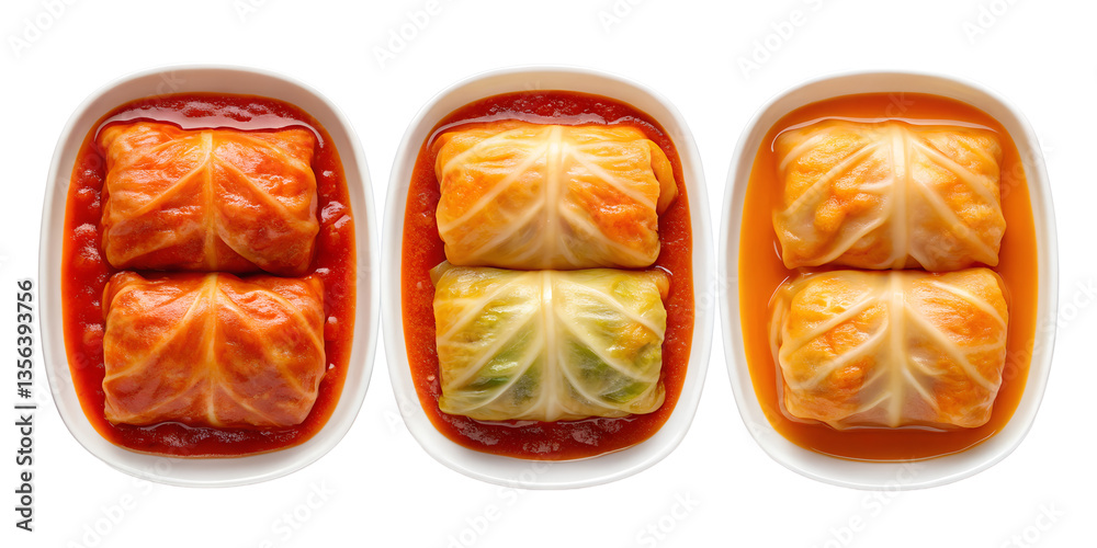 Three Different Style Delicious Stuffed Cabbage Rolls on White - Stuffed Cabbage, Savory Rolls, Traditional Dish, Cut Out Three Different Style Delicious Stuffed Cabbage Rolls on White - Stuffed Cabbage, Savory Rolls, Traditional Dish, Cut Out