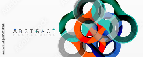 Abstract circle element composition with overlapping circular and tubular shapes featuring smooth gradients, transparency effects, and dynamic layering