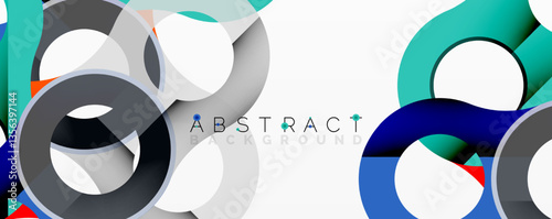 Abstract circle element composition with overlapping circular and tubular shapes featuring smooth gradients, transparency effects, and dynamic layering