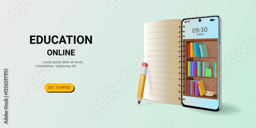 Online education concept. Digital Library, Distance learning, e-learning, Exam, Home education, Online lesson, Modern education, Learning Online at Home. 3d vector illustration for web, banner
