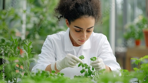 Female botanist in greenhouse examining plants 