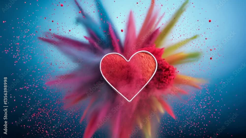 Heart made of colorful powder is suspended in the air. The colors are pink, orange, and purple. The heart is surrounded by a blue background