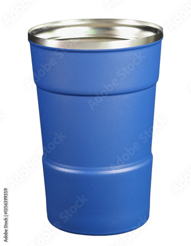 Blue reusable stainless steel for cold beverages with plastic cover outside on transparent background