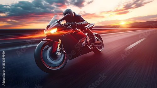 Rider on a Black Motorcycle at Sunset