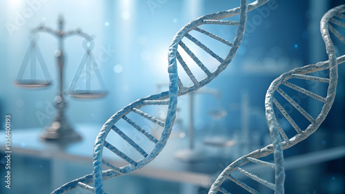Bioethics clinical trials research DNA strands with scales of justice, symbolizing the intersection of law and science.