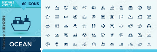Ocean simple icon set. Includes thin line symbols underwater, wave, marine, surfing,  waves. Outline icons in linear style. Diving linear icon collection. Solid line editable stroke. Pixel Perfect.