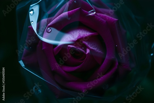 A creepy, eerie close-up of a rose in cellophane, water droplets visible. Dark tones of blue, green, and purple create an unsettling atmosphere, highlighting the contrast between the rose's freshness  photo