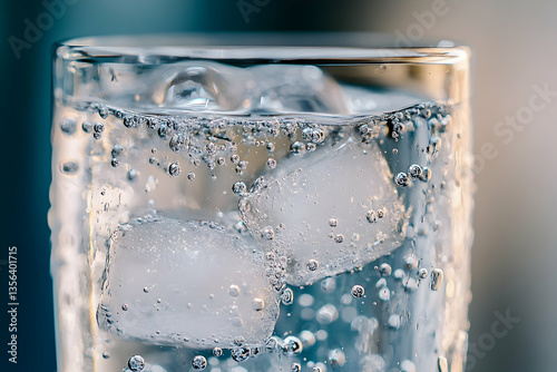 Refreshing glass of ice water with bubbling effervescence