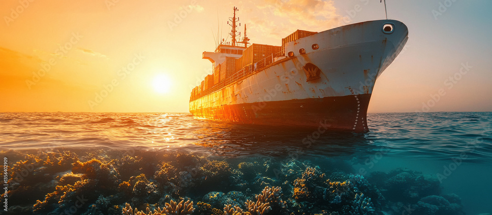 Fototapeta premium cargo ship under warm sunset glow anchors near a coral reef