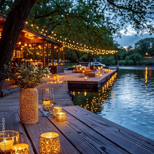 Fototapeta Naklejka Na Ścianę i Meble -  Discover the Ultimate Floating Dock Dining Experience Calm Waters Reflect Soft String Lights and Gentle Candle Flickers Creating an Enchanting Ambiance for Romantic Dinners and Memorable Evenings