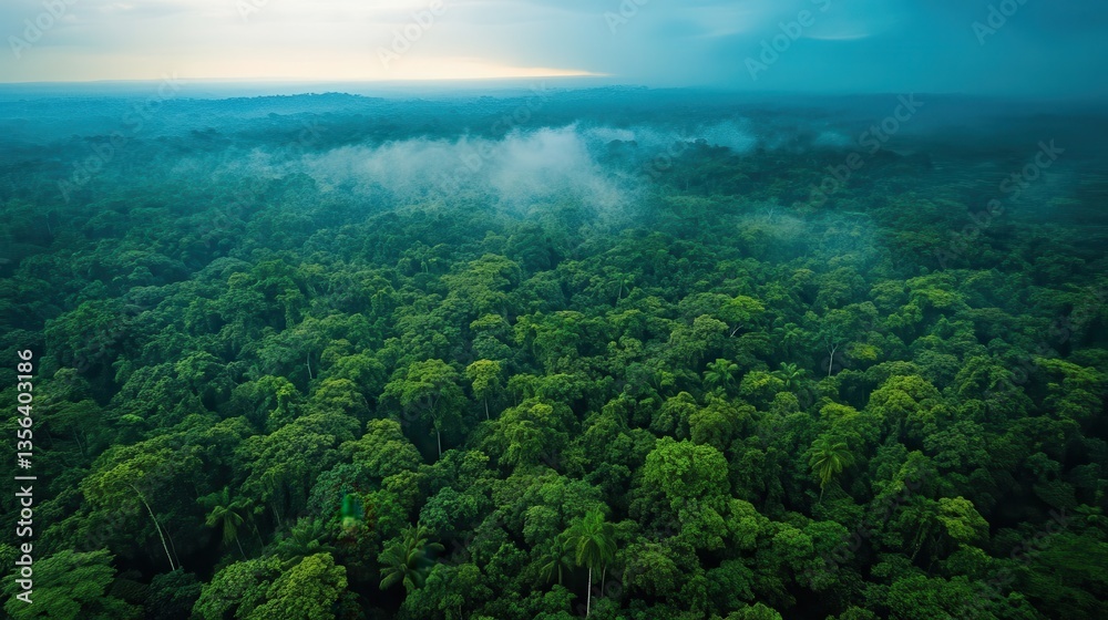 Aerial view reveals a vast green forest landscape with misty clouds Aerial view reveals a vast green forest landscape with misty clouds