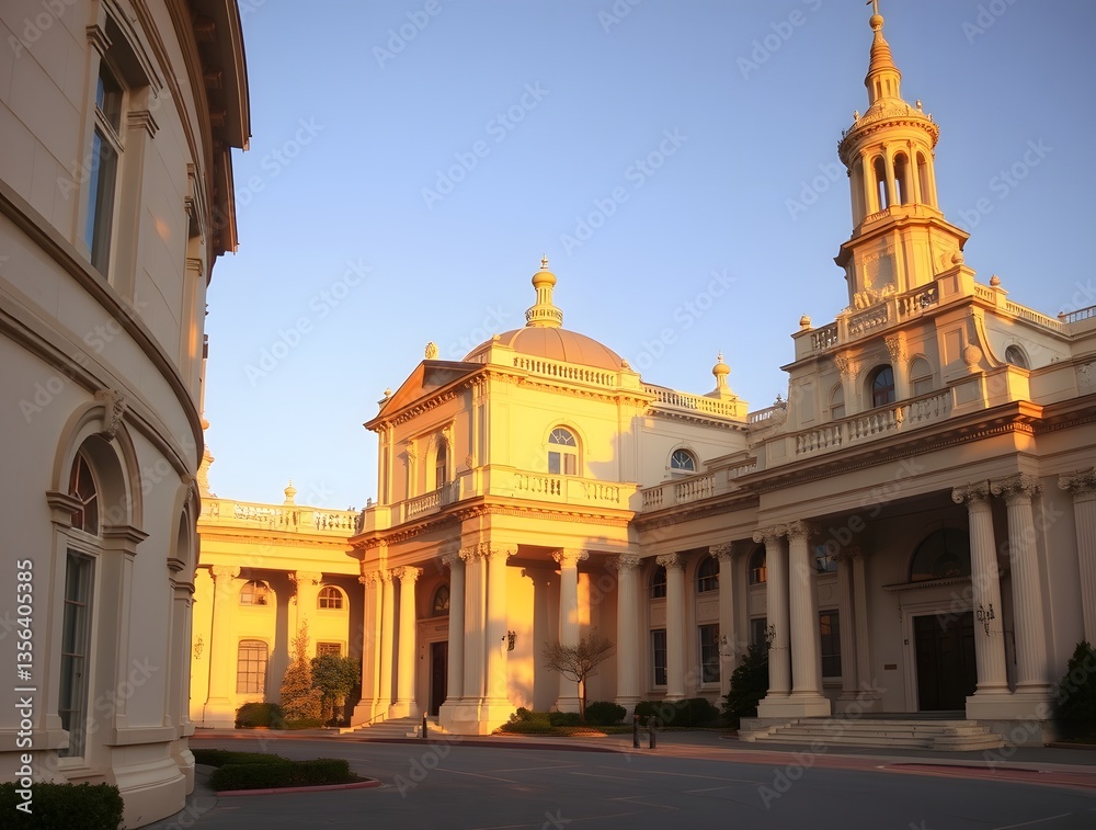 Obraz premium Elegant architectural structure bathed in golden sunset light, showcasing intricate design details