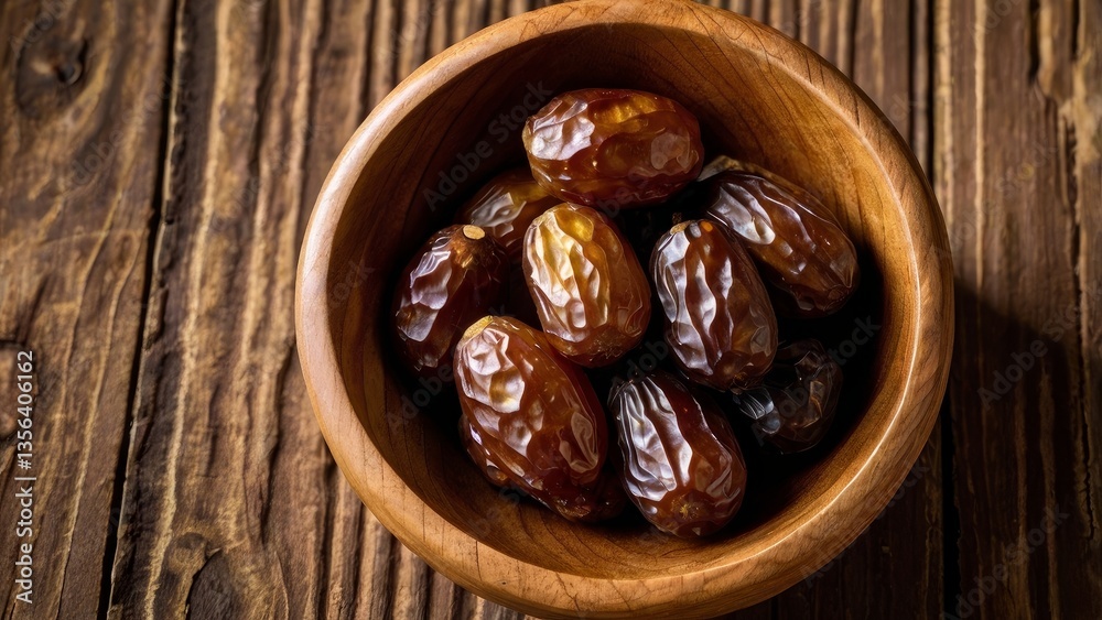 A Wooden Bowl Filled with Dates on a Wooden Surface A Wooden Bowl Filled with Dates on a Wooden Surface