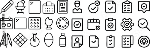 A comprehensive collection of black outline icons representing various design, creative, and art tools.
