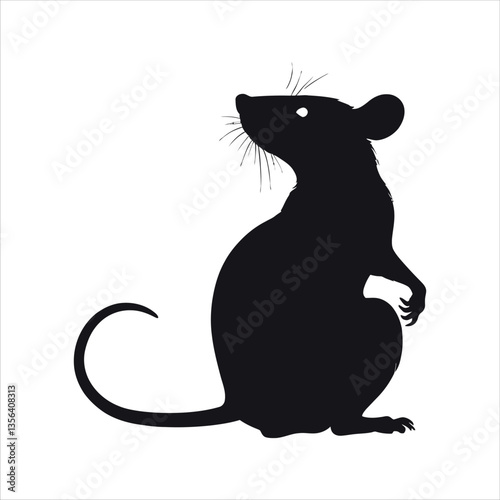 Black Silhouette of a Rat Sitting on Its Hind Legs with a Long Tail and Whiskers in a Minimalist Style