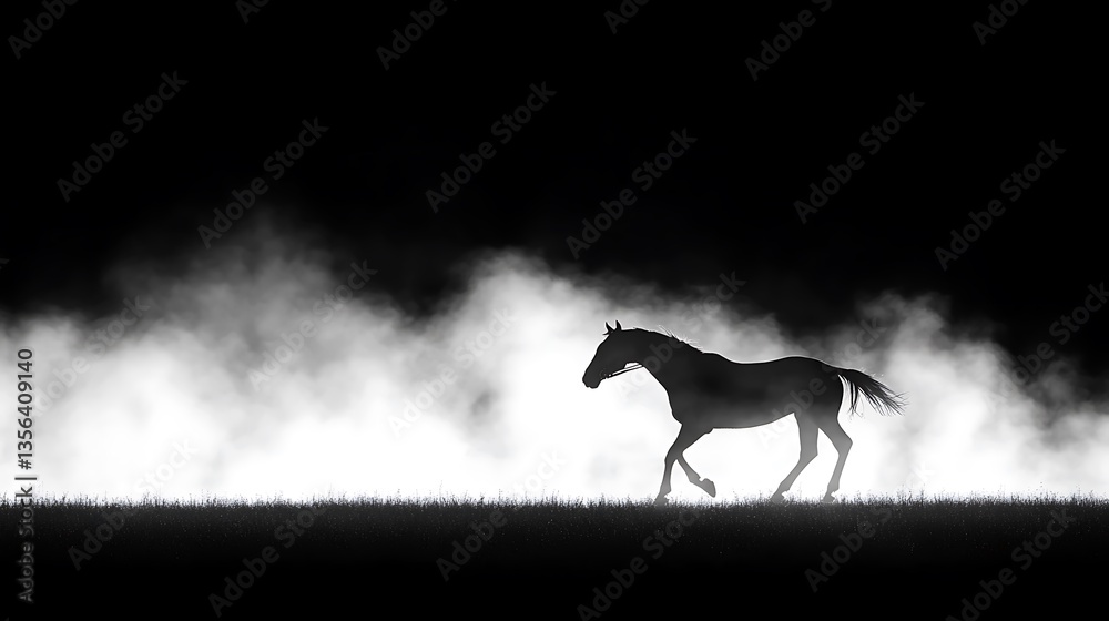 Fototapeta premium Silhouette of a horse running in fog at night.