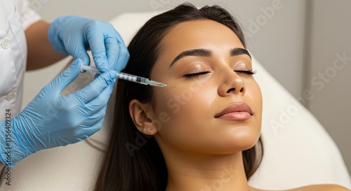 A woman receiving an injection to her face carefully