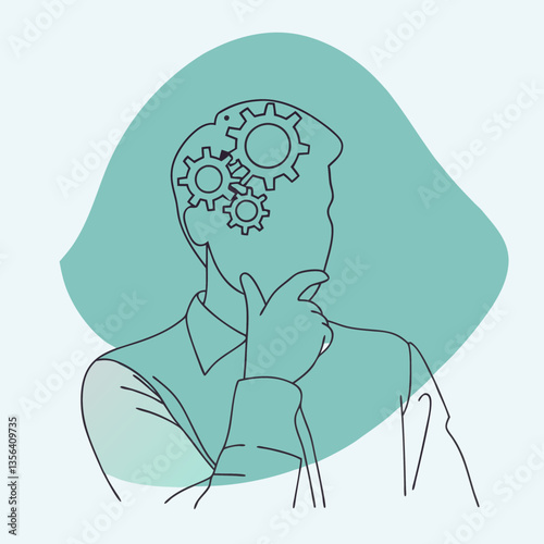 Thoughtful person with gears in mind contemplating ideas  