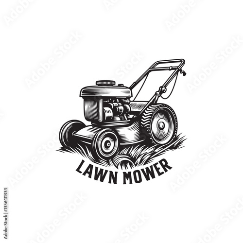 Lawn mower logo on white background. Logo featuring a man mowing the grass for brand. Suitable for landscaping, gardening, outdoor services, lawn care businesses.