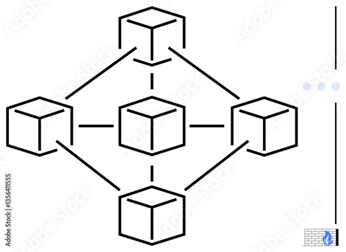Interconnected cubes linked to central block outlining decentralized network operations and data flow. Ideal for blockchain, technology, innovation, data security, connectivity, decentralization