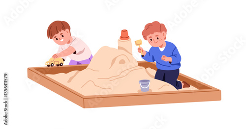 Children playing in sandbox. Happy little kids in sandpit with toys. Preschool kindergarten boys game in sand pit, box with shovel, bucket. Flat vector illustration isolated on white background