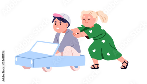 Kids playing, girl pushing boy sitting in toy car. Happy children, kindergarten toddlers fun activity, amusement, entertainment, playtime. Flat vector illustration isolated on white background