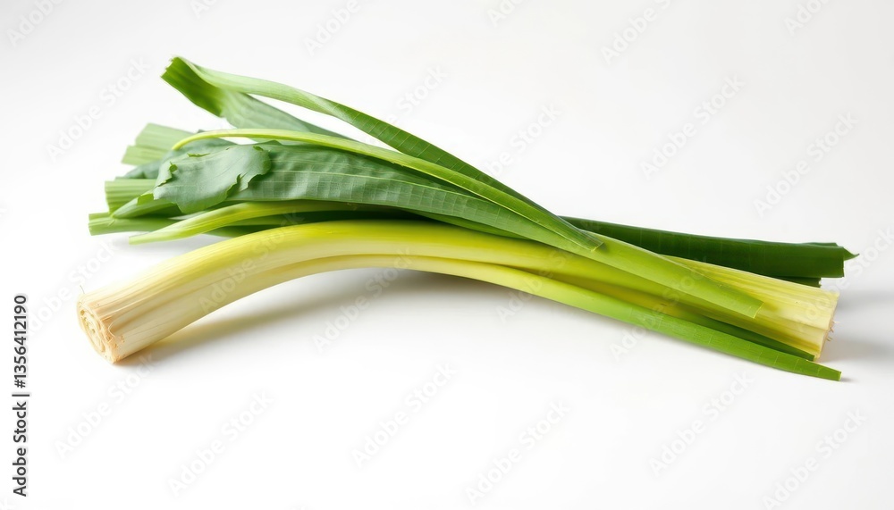 Fototapeta premium A vibrant green leek, freshly harvested, sits on a pristine white background, food styling, food