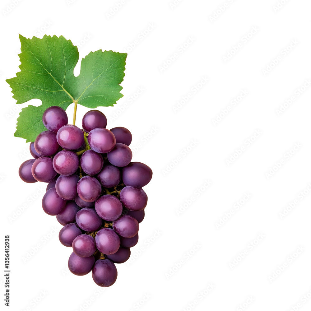 Fototapeta premium Fresh Purple Grapes with Leaf isolated on white or transparent background, png clipart, design element