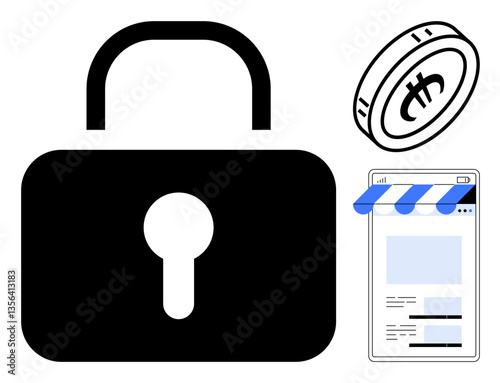 Lock alongside a cryptocurrency coin and a digital storefront illustration representing cybersecurity, digital payment, data protection, e-commerce, blockchain technology, online transactions