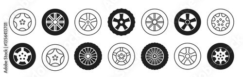 Wheel auto vector icon. Set of vehicle disk tire. Car rubber wheels silhouette. Service signs isolated on white background.
