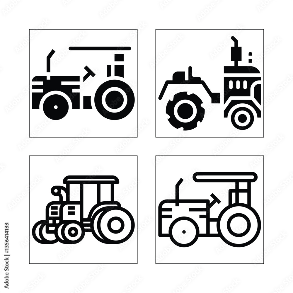 Set of tractor icons for farm and agricultural transportation Set of tractor icons for farm and agricultural transportation