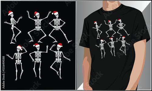 PrintFunny Skeleton Christmas T Shirt Design, Santa Claus Hat, Skeleton Wearing Christmas Hat Vector Design, Xmas Vector Illustration, Halloween Skeleton Vector Illustration.