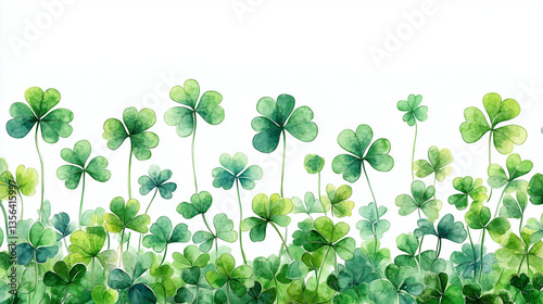 Beautiful watercolor illustration of green clover field with delicate shades