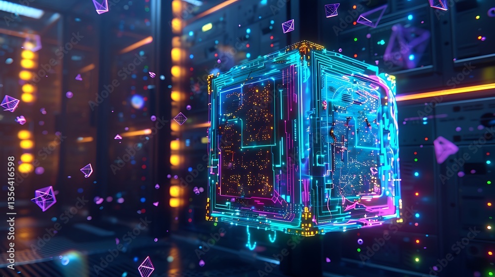 A hyper-detailed AI processor encased in glowing holographic circuits pulsating with neon cyan and magenta data streams A hyper-detailed AI processor encased in glowing holographic circuits pulsating with neon cyan and magenta data streams