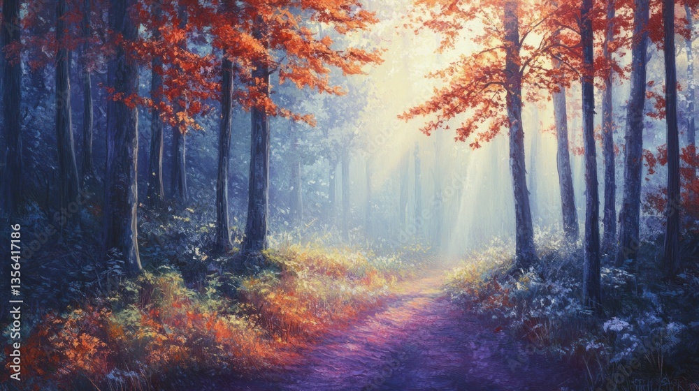 Enchanting autumn trail, A picturesque pathway bathed in golden sunlight Enchanting autumn trail, A picturesque pathway bathed in golden sunlight