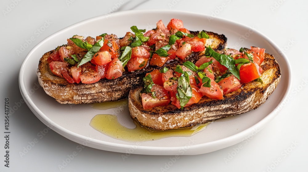 Crispy bruschetta topped with fresh tomatoes and basil, drizzled with olive oil Crispy bruschetta topped with fresh tomatoes and basil, drizzled with olive oil