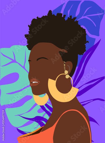 Abstract contemporary poster, wall art design with beautiful black woman in vivid bright neon color palette. Gorgeous African lady with exotic hairstyle vector bohemian art illustration