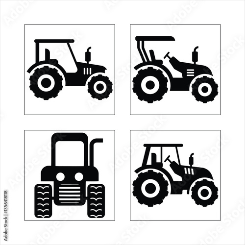 Set of tractor silhouettes in various colors and styles, showcasing farm machinery and agricultural vehicles