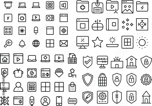 A comprehensive collection of black outline icons representing various design, creative, and art tools.