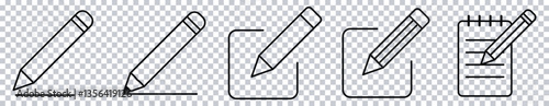 Edit and Pencil Icons Set – Line Drawing, Writing, and Note Symbols on Transparent Background.