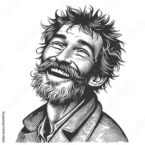 Joyful Bearded homeless Man Laughing vector