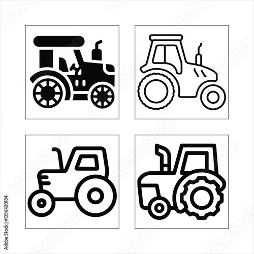 Red tractor vector icons depict agricultural machinery for farm transport