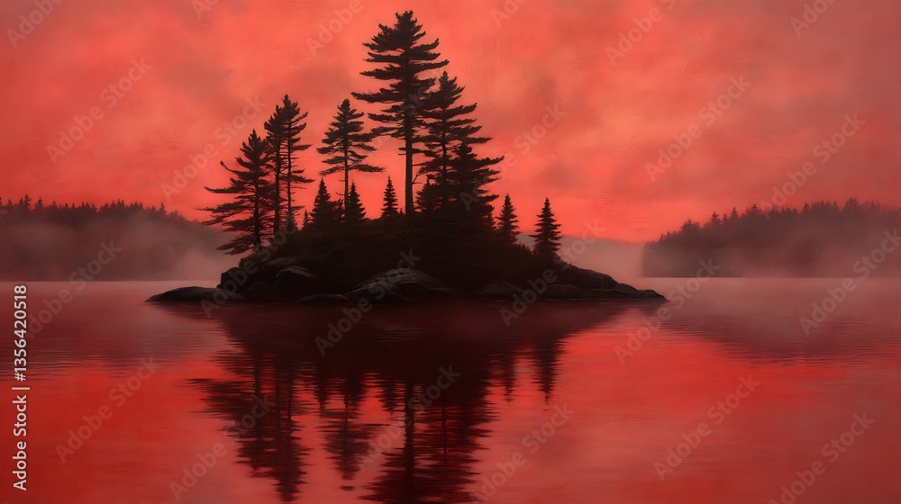 Fototapeta premium Red sunset over misty island lake.