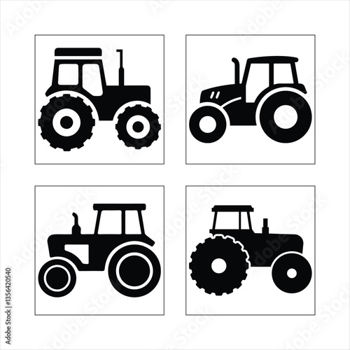 Set of tractor icons featuring red tractors in various styles