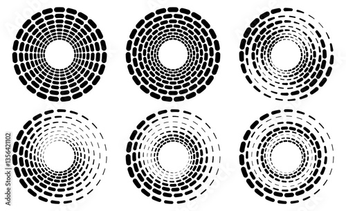 Set of round halftones. Collection of various circles of gradient dots. Isolated vector icons on white background. Dotted design elements. Vector illustration.