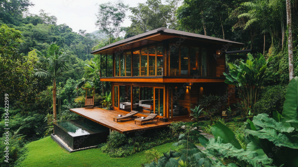 Naklejka premium A minimalist eco-home showcases large glass windows and wooden accents, seamlessly blending with lush tropical foliage in a serene forest environment under bright daylight.