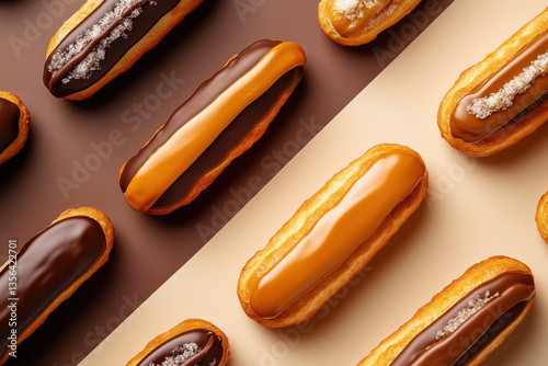 A sleek modern arrangement of eclairs forms a geometric pattern. The glossy chocolate and caramel glaze adds a touch of elegance to this delectable dessert presentation. photo