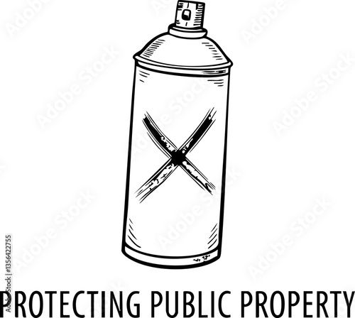 Criminal Law Restrictions concept. Spray paint can with a warning message about public property.