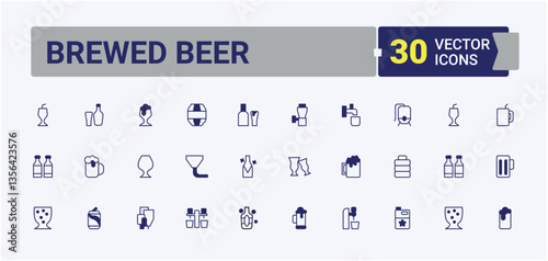 Brewed Beer icon set. Includes symbols for brewing, alcohol, drink, brewery, bar, brewer and more. Craft Beer icon collection. Icons for UI design. Solid line editable stroke. Vector collection.